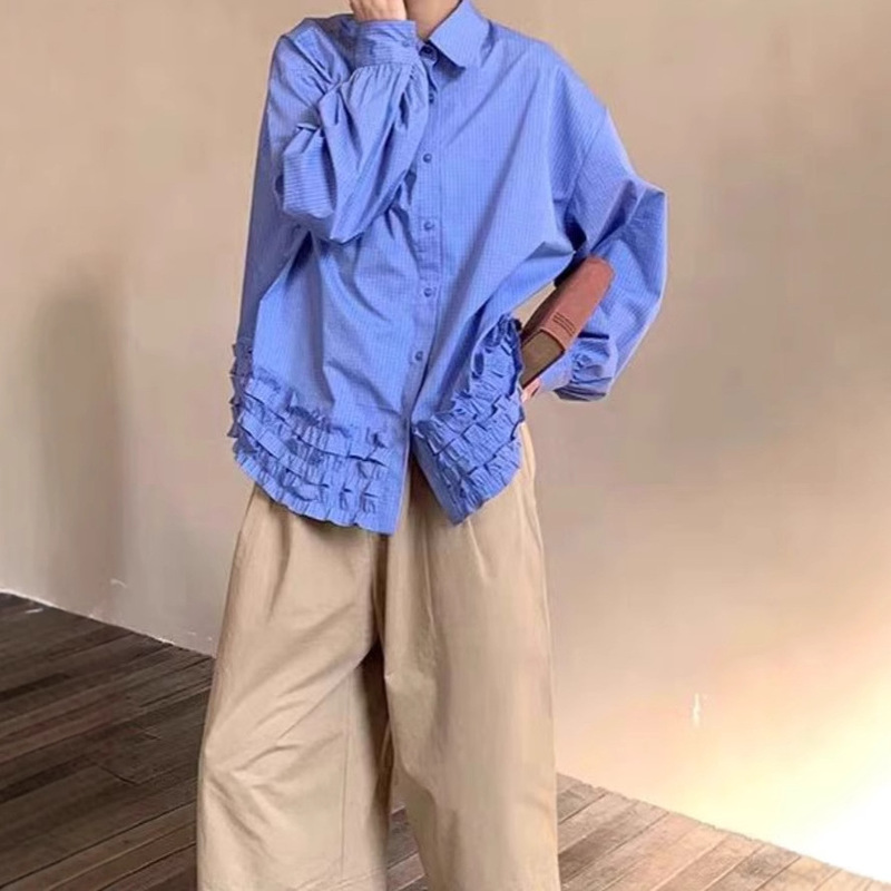 French Retro Blue Striped Shirt for Women 2026 Spring Design Niche Loose Ruffle Lace Blouse Top