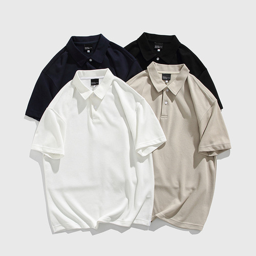 American casual heavy-duty polo shirts for men, loose short-sleeve stand-up collar T-shirts, dropped shoulders, solid color, versatile men's summer clothing
