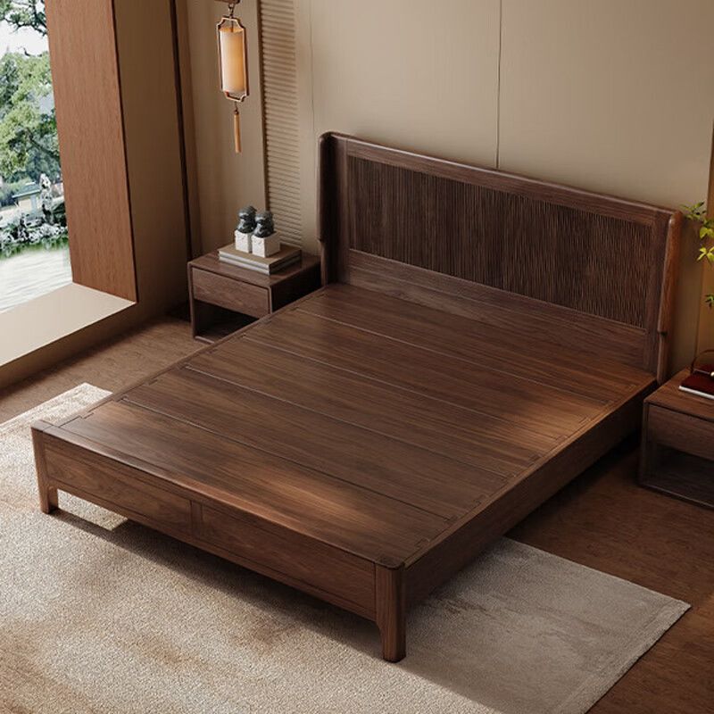 North American Black Walnut Solid Wood Bed Modern Grille Mortise and Tenon Structure Double Bed Bedroom Light Luxury Retro Bed