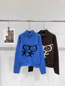 New autumn and winter collection: women’s knitted cardigan with a stick-figure pattern, high neckline, zipper closure, color-block design, loose fit, and versatile st