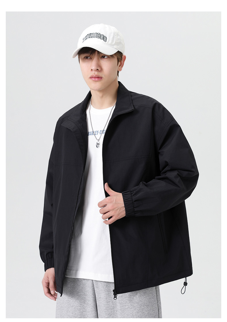 ​Men's Revere Collar Jacket - Minimalist Zippered Overshirt In Black/Olive/White | Anti-Wrinkle Polyester Blend For Urban Commuting​_viptrois.com