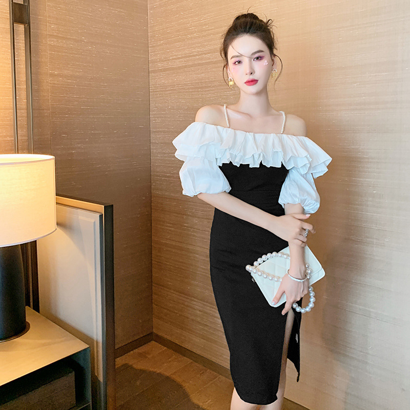 Banquet Birthday Evening Dress Black One-Line Collar Ruffled Off-Shoulder Slim Hip Lantern Sleeve Dress Summer 5074 Banquet Birthday Evening Dress Black One-Line Collar Ruffled Off-Shoulder Slim Hip Lantern Sleeve Dress Summer 5074