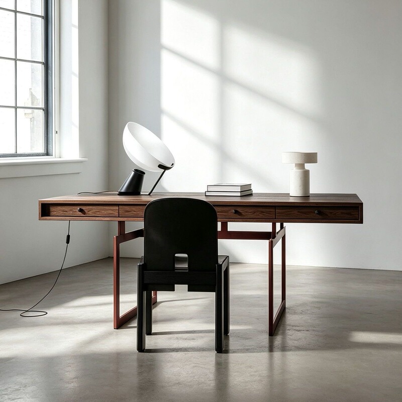 Designer vintage Italian-style solid wood desk for home study and office use, with drawers and a long table surface