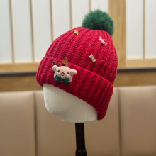 可爱百搭小鹿针织帽女冬季加厚保暖毛线帽大头围节日装饰红色帽子
