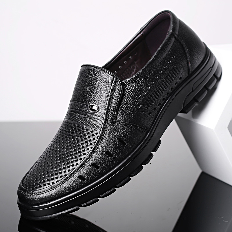 Summer New Business Dress Shoes Men's Breathable Hollow Hole Shoes Middle-aged and Elderly Dad Shoes Genuine Leather Men's Sandals