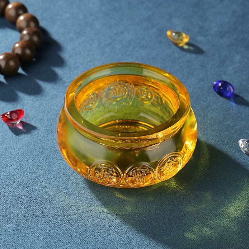 Decoración del hogar chino de vidrio esmaltado conjunto de realocamiento para atraer la fortuna regalo de cristal dorado ornamentos de cuenca
