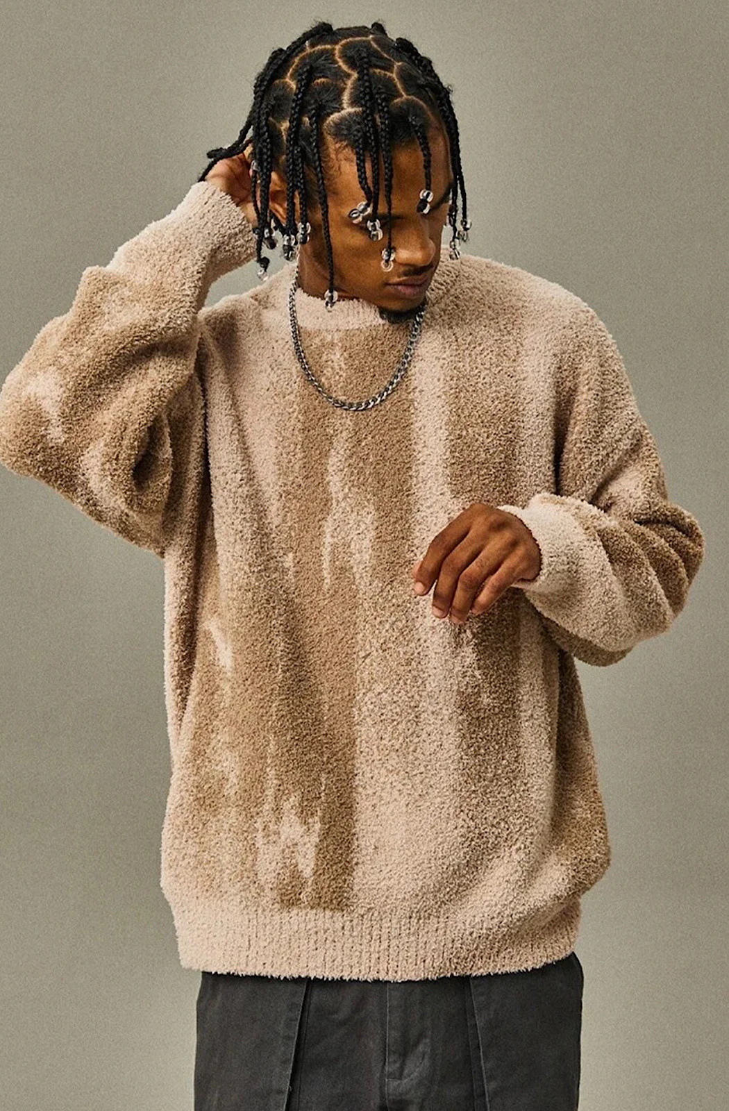 Men's Clothing color matching loose sweater autumn and winter new long sleeved knitted sweater round neck top_voghion.com