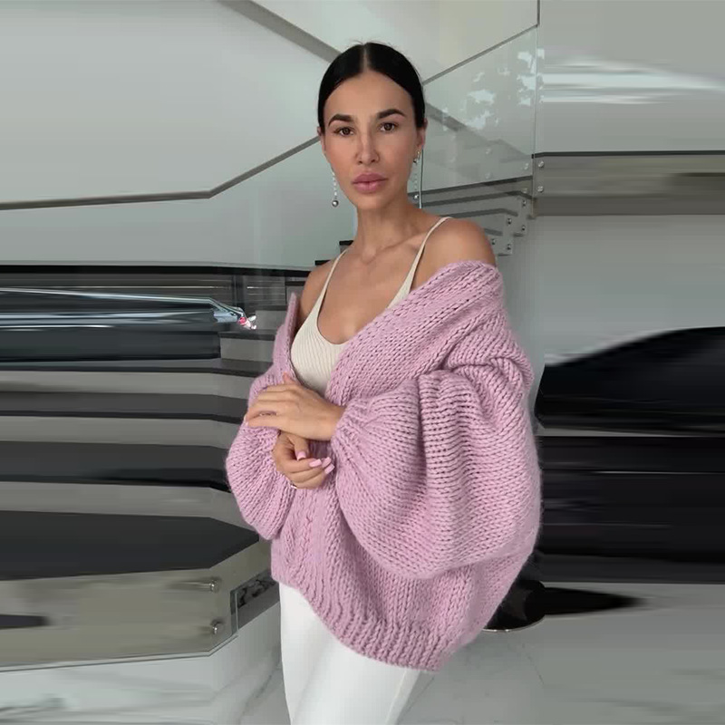 2024 otoño nuevo Europa y América Amazon transfronteriza explosión de ropa de mujer de color sólido perezoso corto delgado cardigan de punto
