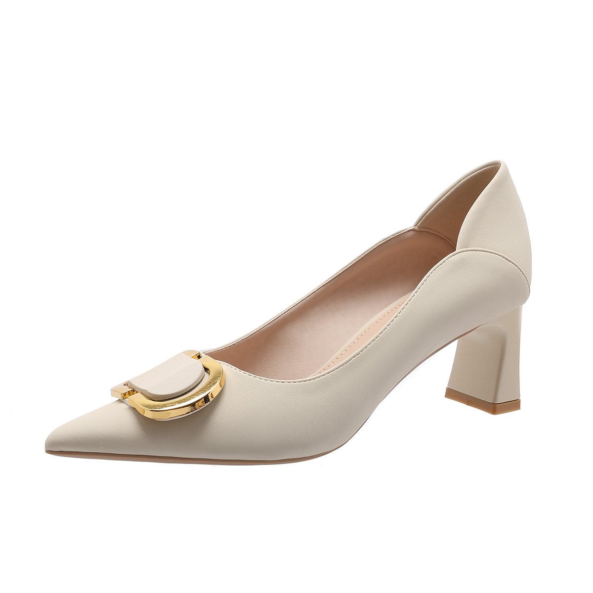 Pointed Toe Shoes Women's 2023 New Fashion All-match Shallow Mouth Soft Leather Professional Work Shoes Thick Heel Square Buckle High Heels