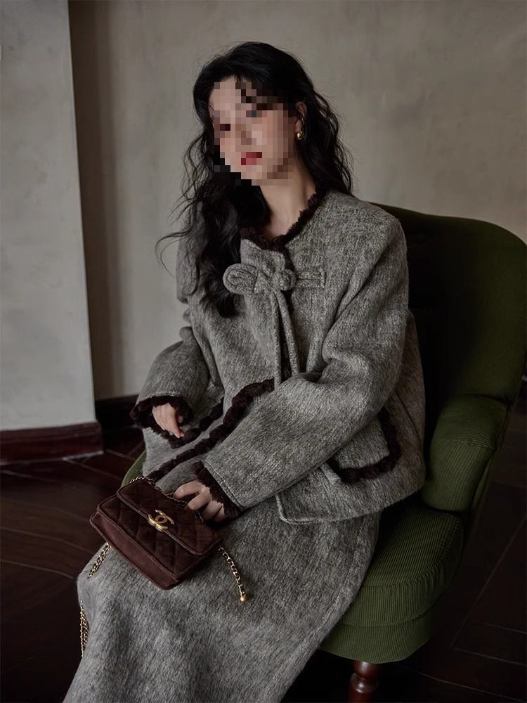 新款冬季小香风灰色小个子法式时尚外套半身裙宽松百搭套装女