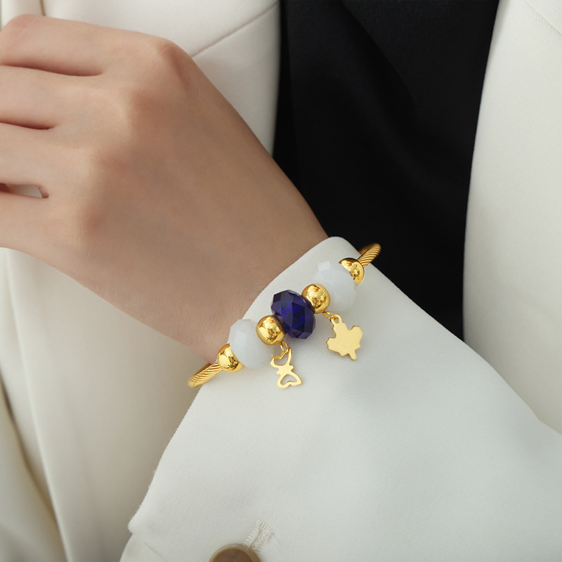 Francés retro colorido corte cristal pulsera abierta titanio acero 18K oro nicho diseño no se desvanece pulsera dulce chica