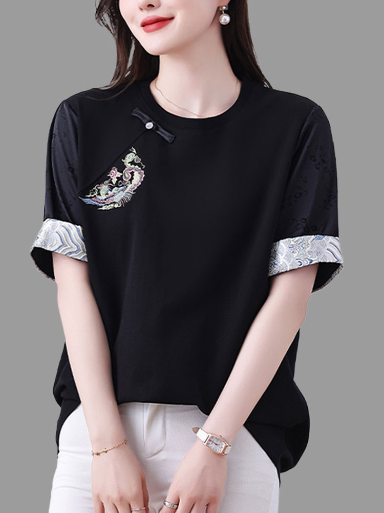 新中式国风重工刺绣t恤女短袖夏季2024新款拼接大码显瘦遮肉上衣