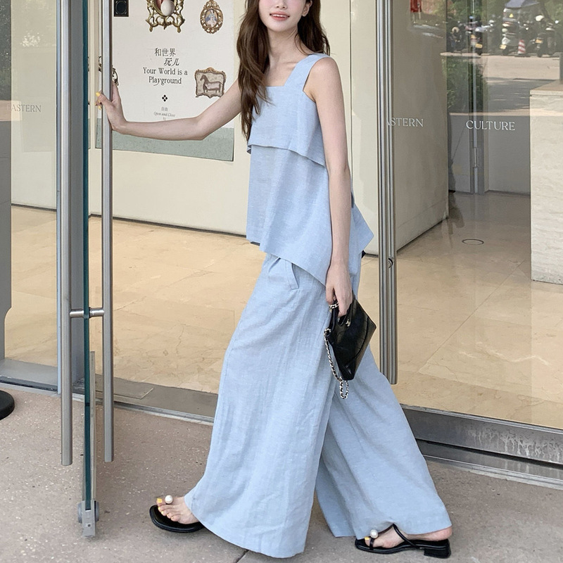 蓝色高级感无袖背心套装女2025夏季新款气质慵懒休闲阔腿裤两件套|undefined