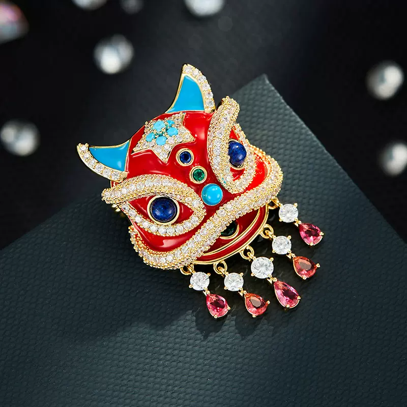 国潮顶流醒狮胸针珐琅彩流苏红色喜庆立体别针新中式时尚狮子胸花