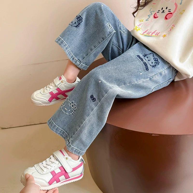 2025女童春装裤子新款儿童洋气刺绣kT猫牛子裤宝宝春秋直筒长裤潮