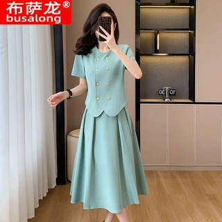 绿色夏季复古双排扣短外套半身裙两件式时尚套装气质女装短袖正装