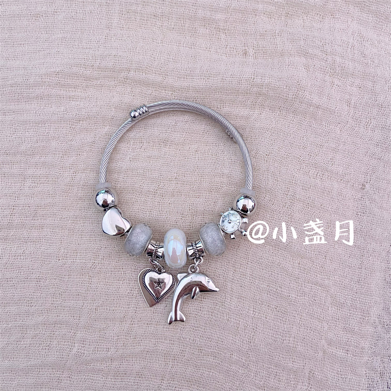 Pulsera de Acero Inoxidable Panjia Dora con Corazón y Oso, Pulsera Abierta con Cuentas para DIY, Joyería de Estilo Fresco, Éxito de Ventas en Amazon