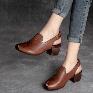 Women's Summer New Arrival British Style Retro Brown Chunky Heel Fishmouth Shoes Large Size Sandals for Moms