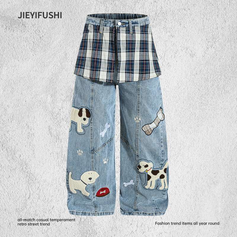 Plaid Cartoon Embroidered Scimitar Denim Pants for Men, American Design Style, Layered Fake Two-Piece Wide-Leg Pants
