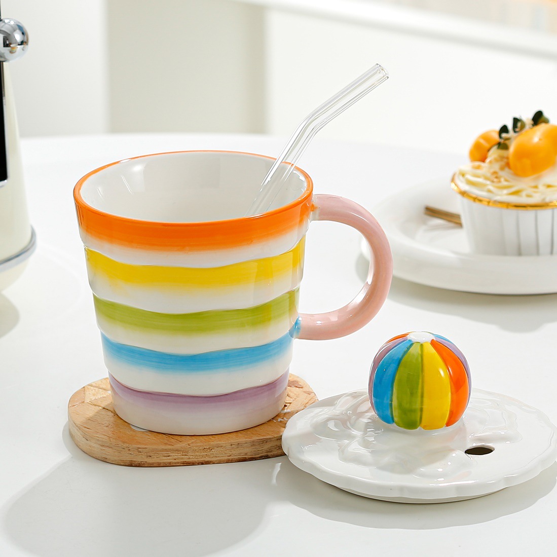 Creativo Rainbow Ball personalizada Taza de cerámica taza de agua de la muchacha de café taza regalo de alto aspecto