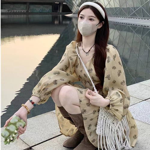 Gentle style French long-sleeved dress, women's clothes, spring and autumn 2024 new style, waist waist to show slimming, short net red princess dress