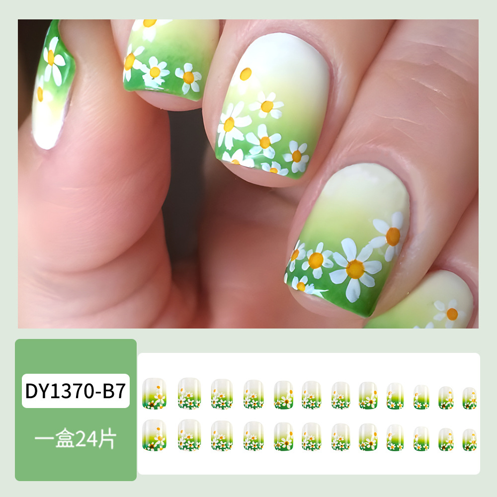 Unas falsas de color blanco verde-blanco gradiente pintadas a mano, patrón de margarita, 24 piezas de parche de uñas cuadradas cortas image 3
