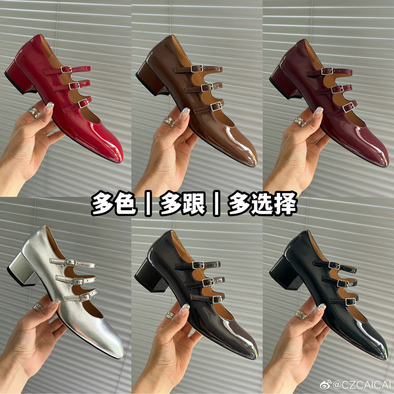 2025 Spring and Summer New Classic Square Toe French Three Strap Thick Heels Mary Jane High Heels Women's Red Wedding Shoes