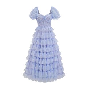 跨境歐美簡約波點蓬蓬裙氣質甜美高腰顯瘦遮肉長裙生日紅毯禮服