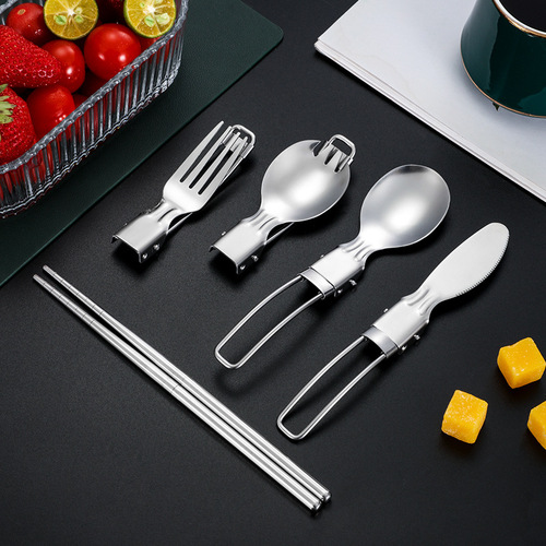 304 stainless steel foldable cutlery set with knife, fork, spoon, detachable chopsticks, outdoor portable cutlery bag