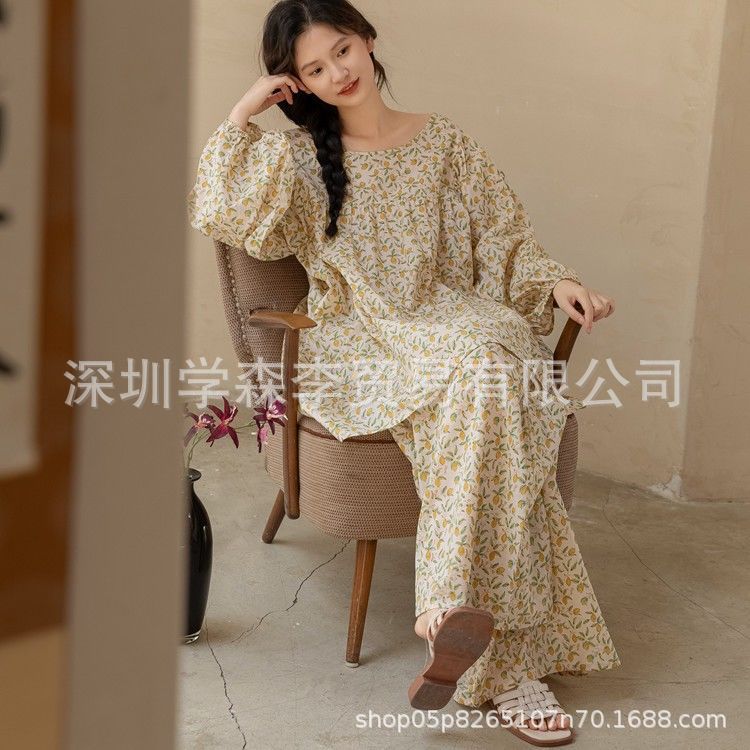 Zuma Shi pure cotton pajamas for women's summer thin long sleeved pants with loose floral floral oversized home clothing set for spring and autumn