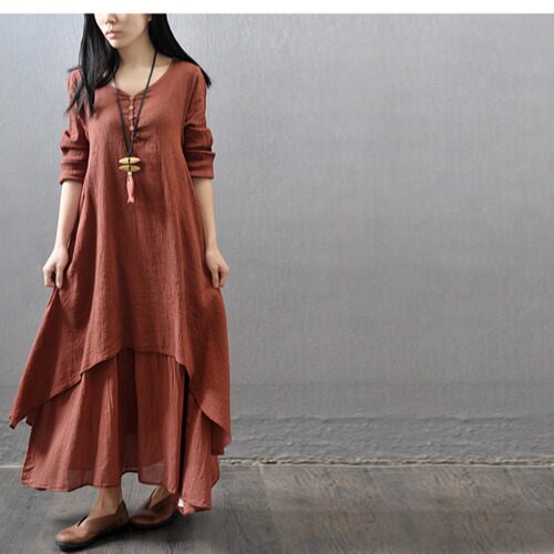  New High-Quality Pencil Skirt Dress with Flowy Linen A-Line Dress Loose Long-Sleeved Cotton-Linen Dress