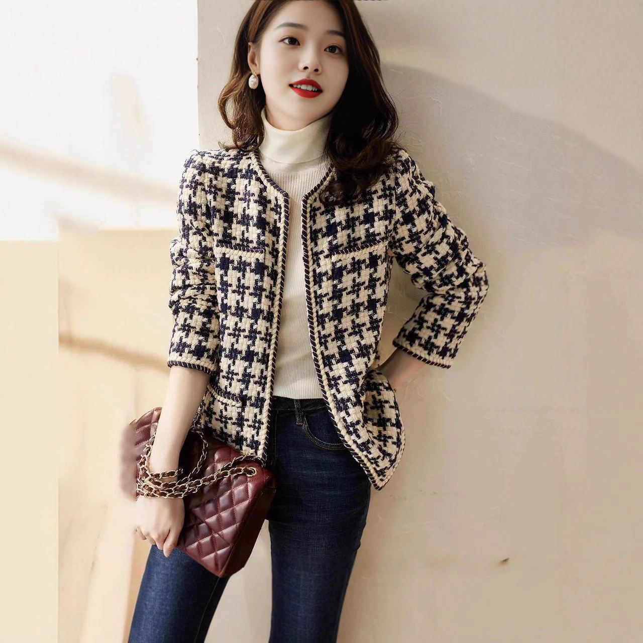 Houndstooth Chanel-Style Women's Jacket Autumn/Winter 2025 New Versatile Socialite Elegant Fashion Long-Sleeve Knit Top