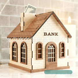 跨境爆款木质储蓄罐小屋存钱现金盒木质工艺品摆件房子储物盒收纳