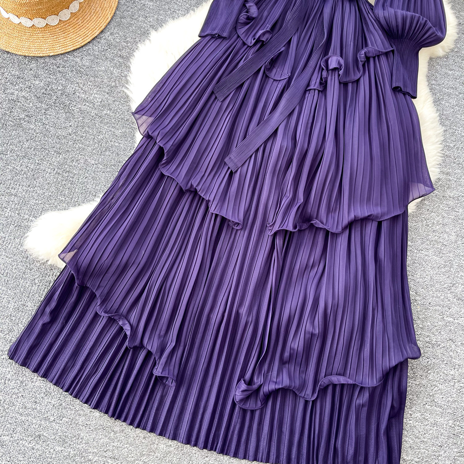Korean Style Lantern Sleeve Dress, Women's Fitted Waist Tie Ruffle Pleated Cake Skirt, Slimming Long Skirt_ecoleips.com