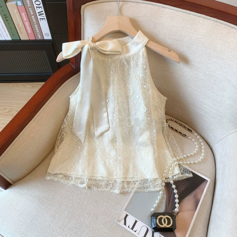 Твидовый топ с бретелями на шее, яркий шелковый кружевной топ с блестками и сеткой, знаменитый топ с открытыми плечами, лето 2025 г.