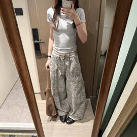 时尚辣妹百搭简约复古日常豹纹弯刀牛仔裤ins阔腿拖地洋气宽松裤
