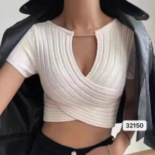 欧美女装2026跨境新款性感镂空链条修身休闲短款气质短袖针织上衣