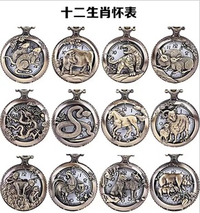 Retro flip old student bronze quartz watch twelve Zodiac pocket watch large sweater chain necklace watch wholesale
