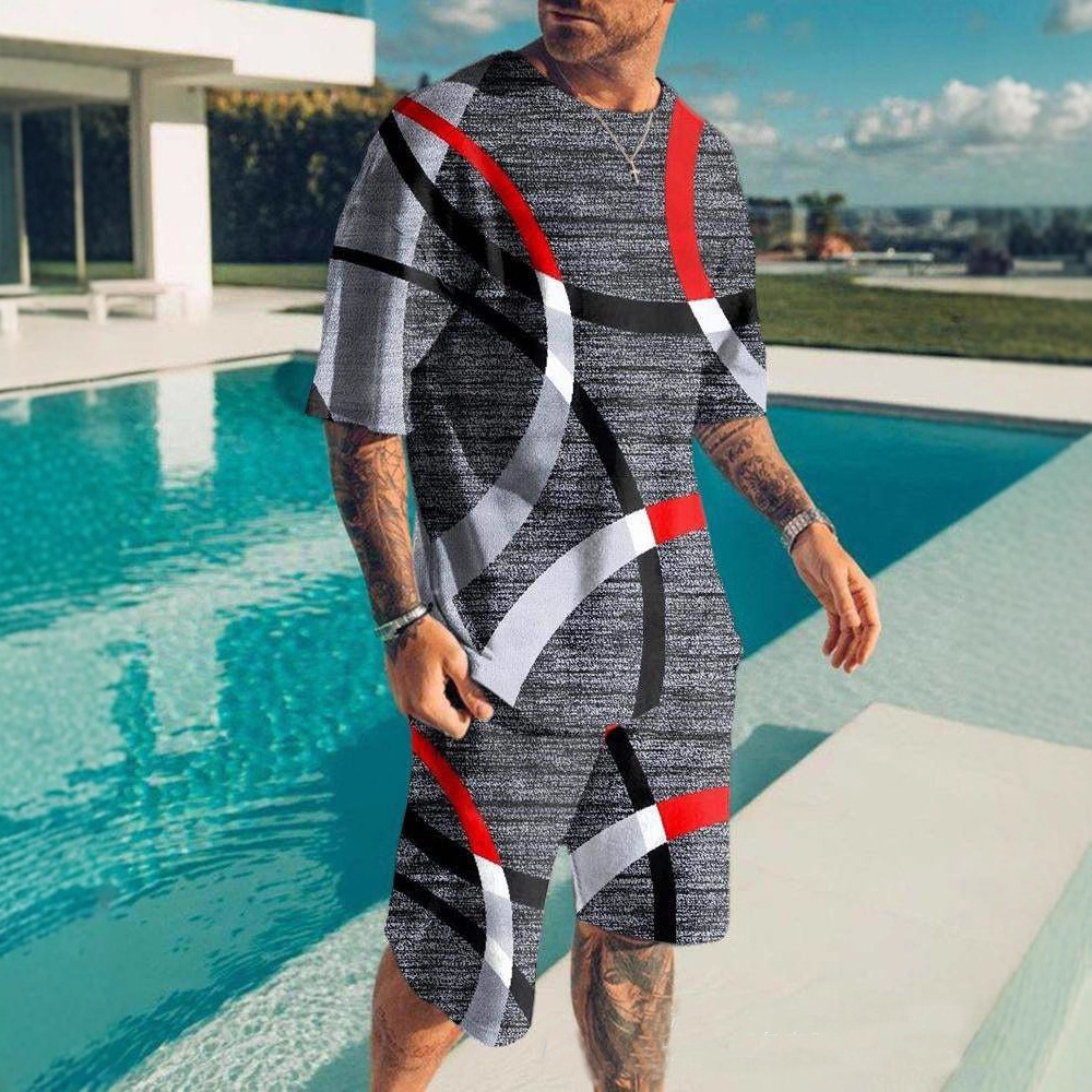 2023 여름 새로운 유럽과 미국 남성 트렌드 레저 비치 바람 질감 3D 디지털 인쇄 티셔츠 반바지 세트