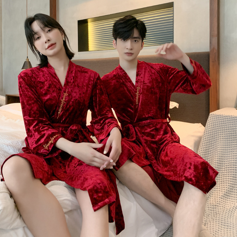 New Velvet Couple's Robe for Men and Women, Wedding Celebration Red Robe for the Year of Birth, Autumn and Winter Bathrobe, Dressing Gown