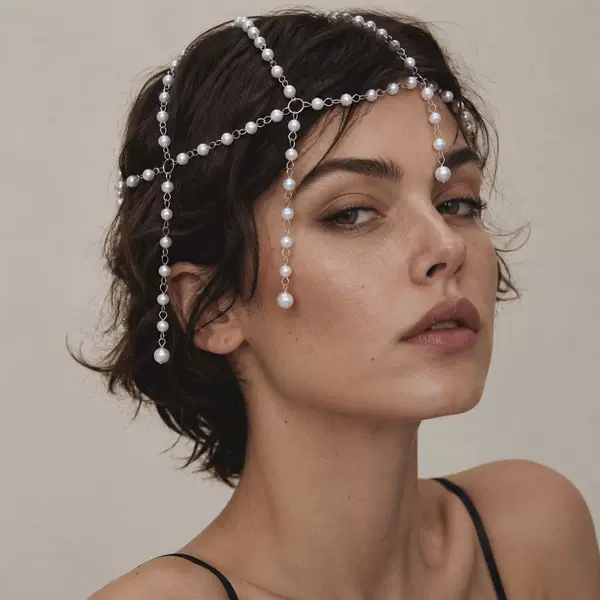 Popular in Europe and America, pearl tassel hair chain for women, vintage bridal wedding headpiece, holiday accessory