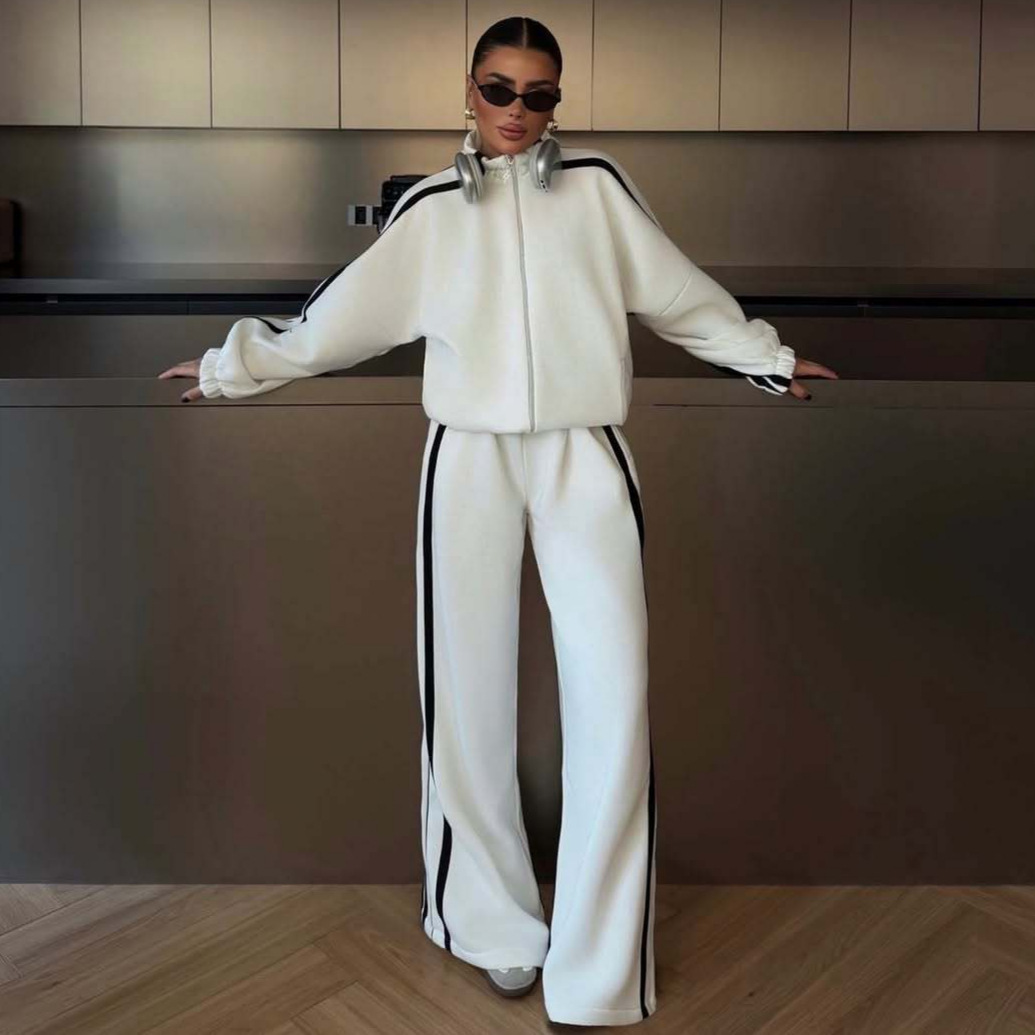 2025 Autumn New Cross-Border European and American Foreign Trade Women's Round Neck Long Sleeve Sports Trendy Personalized Wide Leg Pants Two Pieces