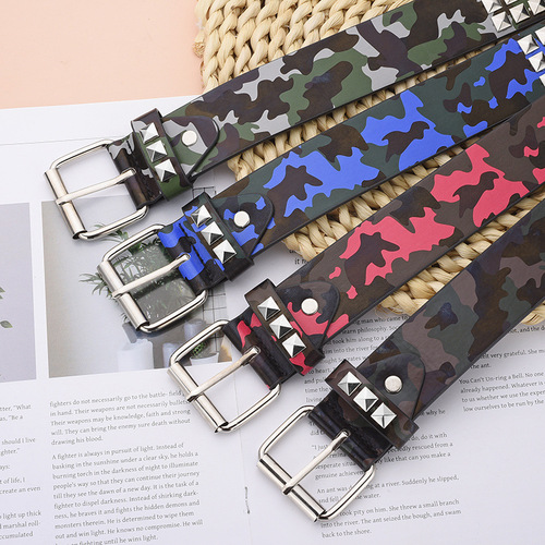 Four-Direction Bead Rivet Pyramid Embossed Punk Hip-Hop Personality Eye Decorative Camouflage Belt for Women and Men