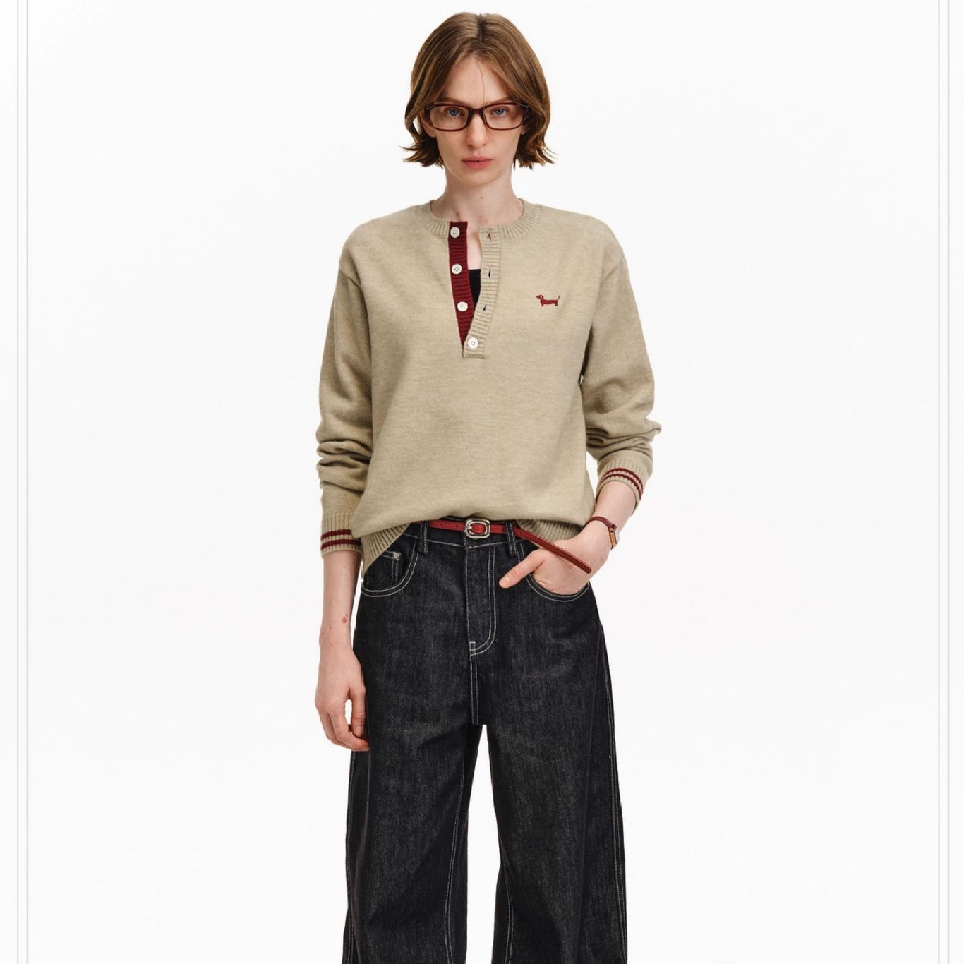 春秋季小狗刺绣亨利领间色毛衣复古潮流慵懒情侣套头长袖针织衫