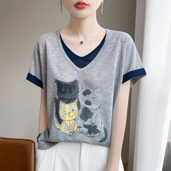 【メーカー直送】夏用テンセルVネックニット半袖Tシャツレディースカラーブロック刺繍ゆったり年齢軽減アイスシルクトップス
