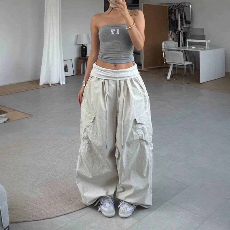 American-style workwear wide-leg pants for women, summer ice silk thin quick-dry parachute American-style sports casual straight pants trendy