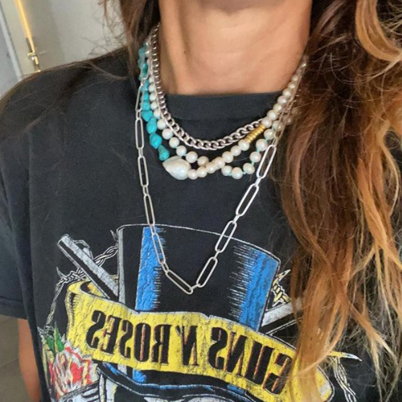 32g Weight December Birthstone Turquoise, Freshwater Pearl, Pearl Inlay Material Pendant Necklace, Sweater Chain, Necklace Classification Splicing Eye Titanium Steel Fashion Pendant Necklace Sweater Chain Necklace