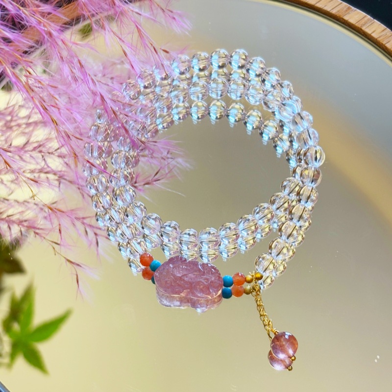 Dopamine Fresh Multi-Layer Lotus Beaded Bracelet with White Crystal, Southern Red Carnelian, and Jade Crystal for Women, Sweet Style