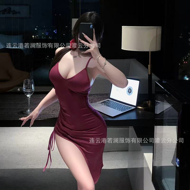 Ruolan Sexy Lingerie Sexy Secretary Style Tight-Fitting Deep V-Neck High Slit Long Slip Dress Nightgown 1658