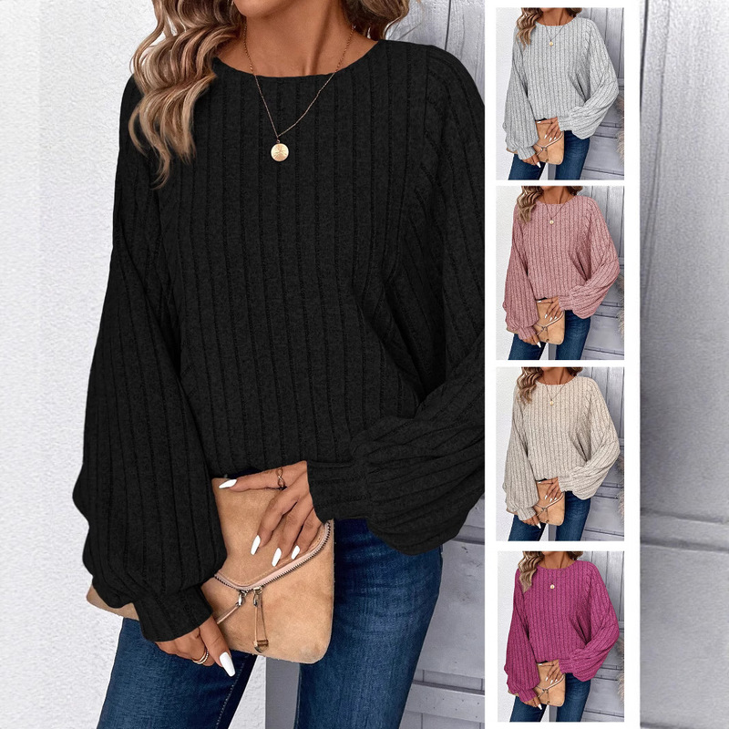 2025 New Cross-Border European and American Autumn and Winter Comfortable Casual Pullover Bat Shirt Round Neck Long-Sleeved Knitted Top for Lazy Women